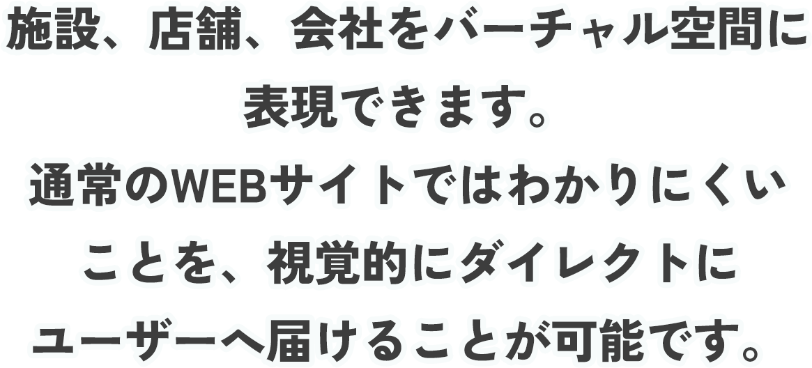 施設、店舗、会社をバーチャル空間に表現できます。通常のWEBサイトではわかりにくいことを、視覚的にダイレクトにユーザーへ届けることが可能です。